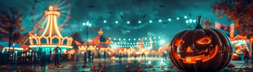 A scary pumpkin is sitting in an amusement park at night. The lights from the park are reflected on the pumpkin.