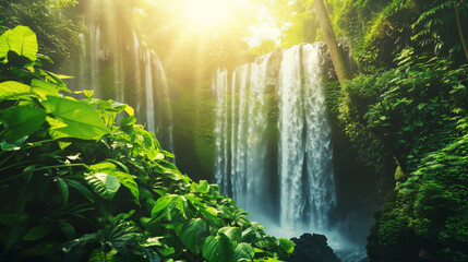 sunlight in the forest waterfall