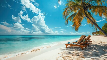 A heavenly luxury place. White sand with palm trees and emerald sea. Beautiful tropical landscape. Exotic summer beach background for design.