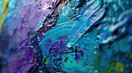 A closeup of an abstract painting with blue, green and purple hues on textured canvas