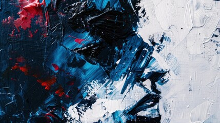 A closeup of an abstract painting with bold brushstrokes, featuring shades of blue and red against the background of black paint. The artwork captures raw emotion in its depiction of human figures