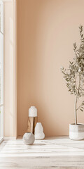 Fototapeta na wymiar Elegant minimalist interior design in peach color.