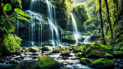 Serene Waterfall and Mossy Rocks in Lush Green Forest Landscape