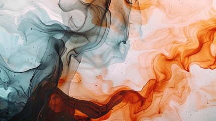 A closeup of an abstract painting with fluid shapes in burnt orange, brown and black, resembling flowing liquid or smoke. The background is a soft gradient from light blue to white