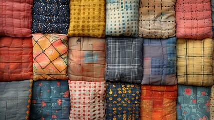 Grid Art: A photo of a patchwork quilt, featuring squares of fabric arranged in a grid