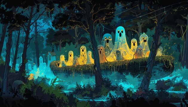 Glowing ghosts in a boat ride through a dark swamp