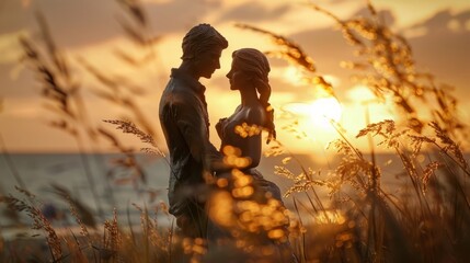 A beautiful sunset over a field of wheat with a romantic couple in the foreground
