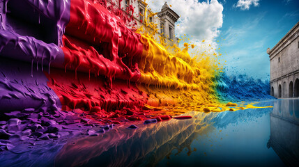 Vibrant Color Splash Over Historical Cityscape with Reflective Water Surface