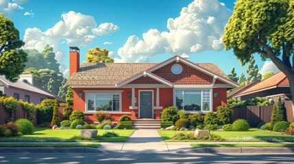 A cartoon house in a cartoon neighborhood with a blue sky and white clouds.