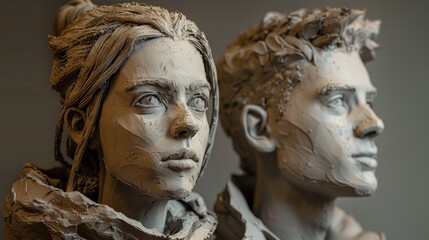A clay sculpture of a man and a woman