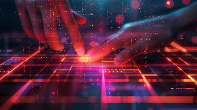 Grid Lines: A 3D vector illustration of a graphic designer using grid lines to align elements in a digital layout