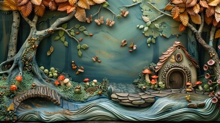 Fototapeta premium A claymation cottage in the middle of a forest with a river flowing in front. The cottage is surrounded by trees, mushrooms, and flowers. There are also some fairies flying around.
