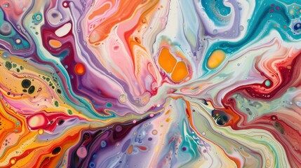 A closeup of an acrylic pour painting, with swirling colors and fluid shapes that evoke the feeling of being in motion.