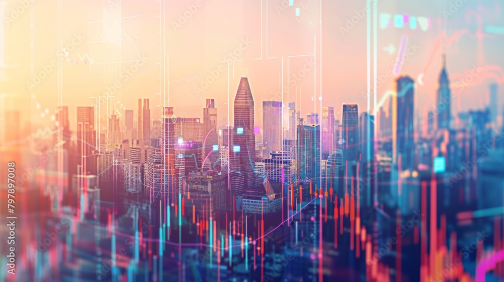 Poster as background for a financial or business concept, digital screen and financial graphs overlap on a 