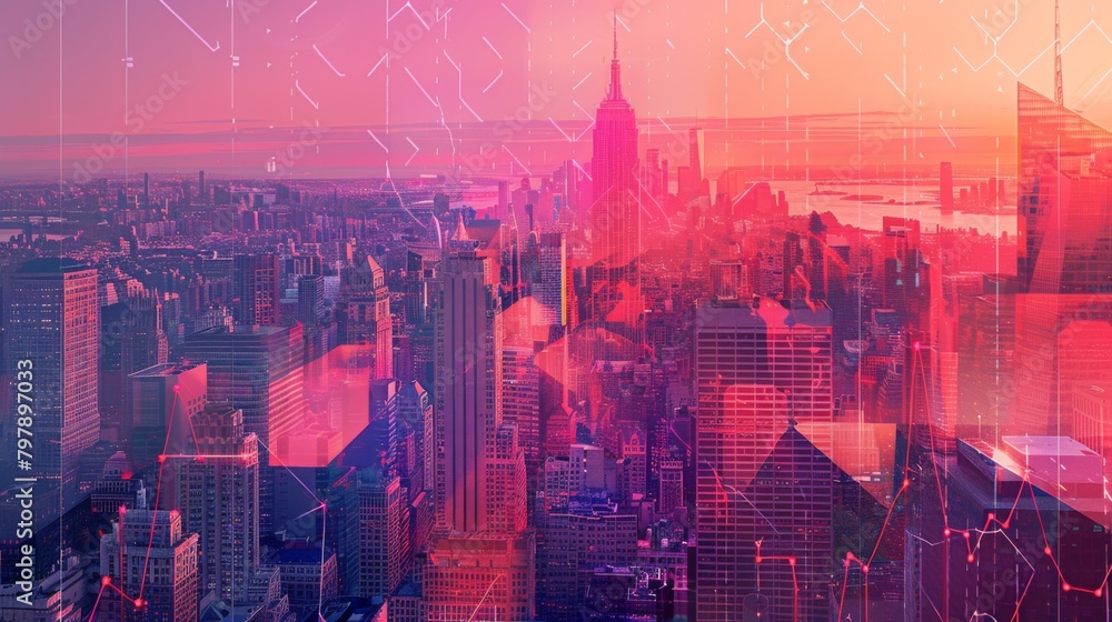 Poster As background for a financial or business concept, digital screen and financial graphs overlap on a picture of modernistic cityscape, skyscrabbers.