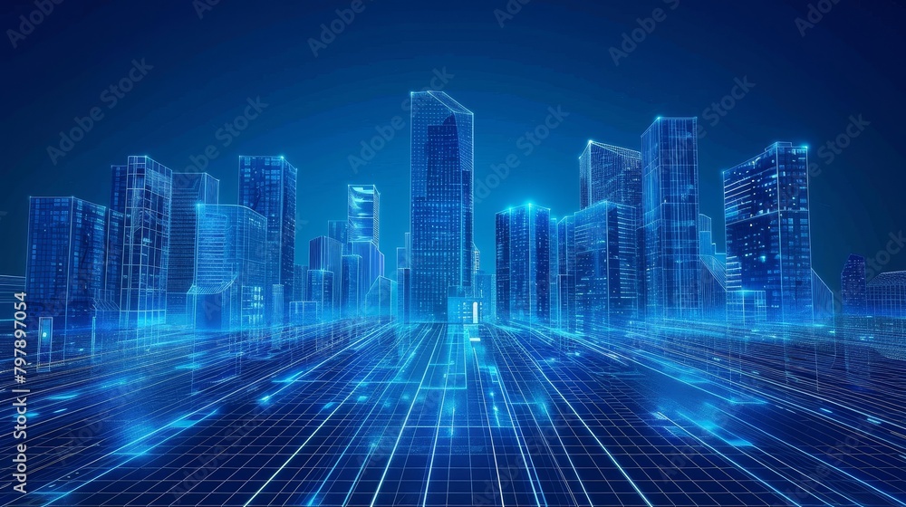 Poster grid structure: a 3d vector illustration of a futuristic cityscape with interconnected grid structur