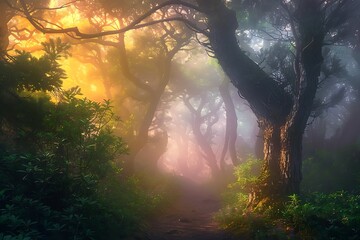 Capture a mystical forest path shrouded in mist at sunrise. Utilize soft light filtering through the trees to create an ethereal atmosphere and a sense of depth within the scene.