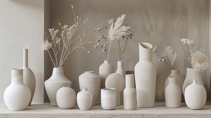 A collection of mostly white ceramic vases of various shapes and sizes on a shelf against a beige background.