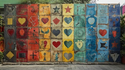 A colorful mural of hearts, diamonds, and other symbols painted on wooden boards.