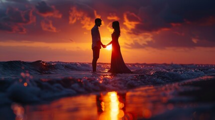Fototapeta premium A couple standing in the ocean at sunset, holding hands and looking at each other.