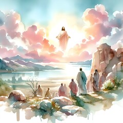 Jesus preaching in Galilee and gathering his disciples, Sermon on the Mount, Jesus Christ Watercolor illustration, Digital Painting - obrazy, fototapety, plakaty