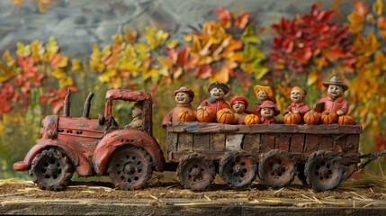 A farmer drives a red tractor pulling a trailer full of people and pumpkins through a field in the fall