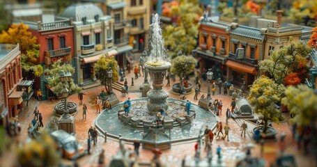 A fountain in a town square with people walking around