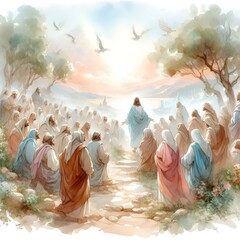Jesus preaching in Galilee and gathering his disciples, Sermon on the Mount, Jesus Christ Watercolor illustration, Digital Painting - obrazy, fototapety, plakaty