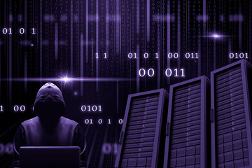 Silhouette du cybercriminel devant son écran d'ordinateur portable s'attaquant à des serveurs...