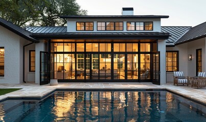 Fototapeta premium Modern Luxury Home with Pool at Twilight
