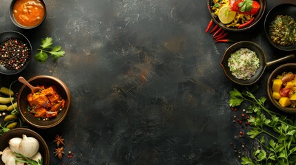 Assorted indian food on black background.. Indian cuisine. Top view with copy space