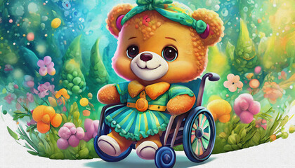 Naklejka premium oil painting style CARTOON CHARACTER CUTE baby Teddy Bear in a Miniature Wheelchair on Blue nature Background