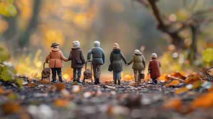 A group of elderly people are walking away from the camera in a park with a fall theme.