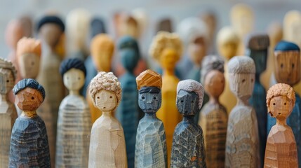 A group of wooden figures with different colors and styles