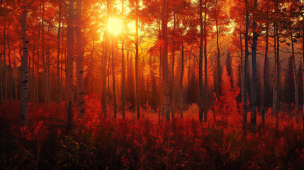 sunset in the woods in autumn