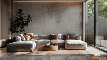 A modern living room with a large comfortable couch, a coffee table, a plant, and a big window.