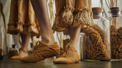 Women's Shoes Made from Mushroom Mycelium Fibers, Paired with Matching Skirts