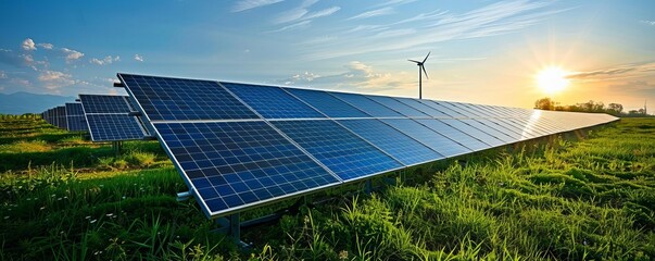 A field of solar panels and wind turbines.