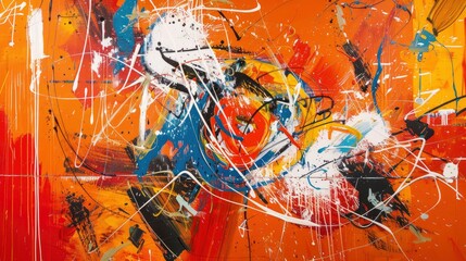 Abstract orange and red painting with lines, shapes, scribbles and brush strokes. The background is a vibrant orange wall with scattered abstract elements in shades of white, yellow and blue.