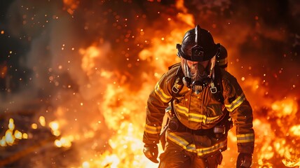 Naklejka premium A firefighter in full gear advancing bravely through a dynamic and intense fire scene