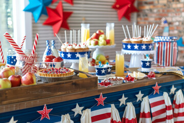 A festive red, white and blue themed party table setting with American flag decorations. Decorating a holiday food table. Independence or Memorial Day concept. American patriotic theme. 4th Of July..