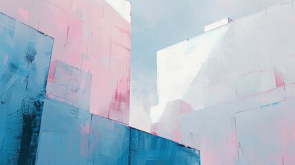 Abstract painting of buildings, white background with pink and blue accents, minimalistic style, brush strokes, large canvas sizes, monochromatic palette, low angle shot, geometric shapes