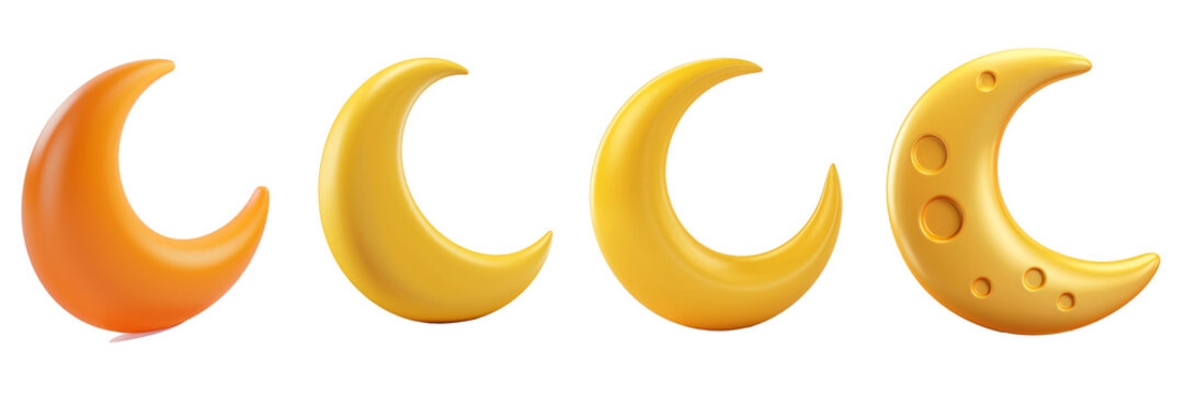 PNG Crescent Moon 3d icons and objects collection, in cartoon style minimal on transparent, white background, isolate