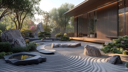 A photo of a Zen garden with a raked sand and stone pattern, stone lantern, and trees. - obrazy, fototapety, plakaty