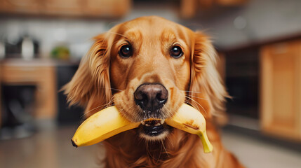 photo of a dog with banana in his mouth 