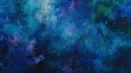 Fototapeta na wymiar abstract painting of deep blue and teal colors, purple highlights, green accents, canvas texture, detailed brush strokes, paint splatters