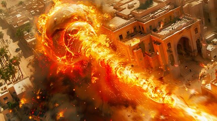 An illustration of a giant fireball destroying an ancient city.
