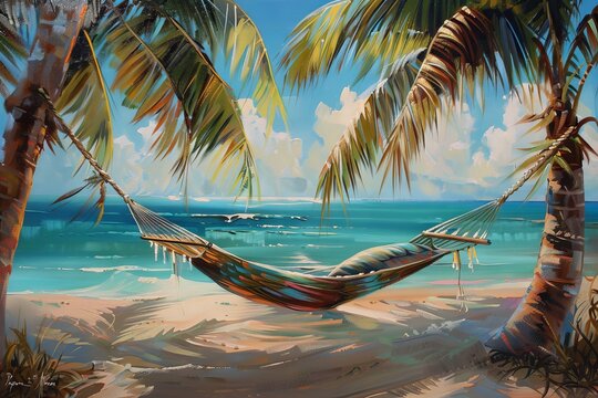 Paintings relaxing beachscape with palm trees and ocean view