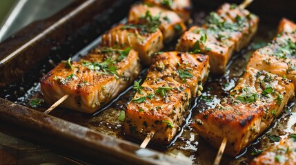 Grilled fish skewers placed on a baking sheet.