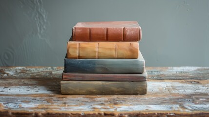 A stack of five rustic books on a wooden table.